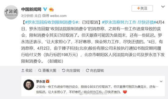 罗永浩回应收到限制消费令